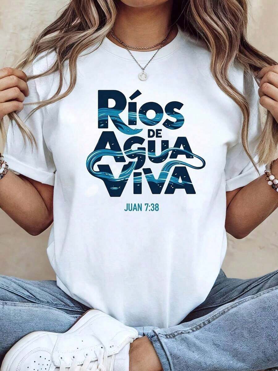 Plus Size T-Shirt With "Rivers Of Living Water" Wave Print, Christian Biblical Theme, White Short Sleeve Crew Neck Printed T-Shirt - Machine Washable, Suitable For Spring, Summer And Autumn, Casual Style, Comfortable Fit, Fashionable Design, Versatile For Women Standard Size Casual T-Shirt Breathable Lightweight Short Sleeve Tee - 白色 - 查看 1
