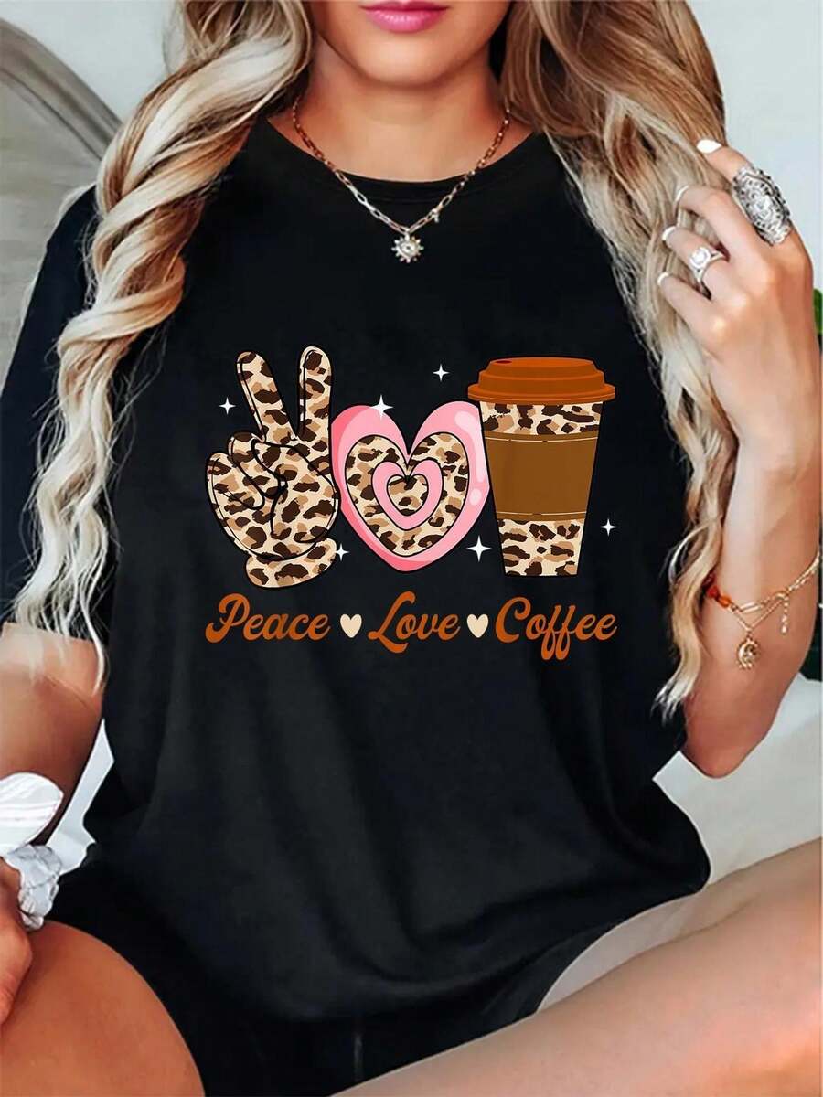 Women's Plus Size T-Shirt With Sparkling Coffee Lover Print - Heart Design With Peace Symbol And Leopard Print - Casual Top For Everyday Wear, Perfect For Coffee Lovers - Gift (Machine Washable) - Unisex Loose Fit Cotton Short Sleeve Crew Neck T-Shirt, Vintage Urban Style - 黑色 - 查看 1