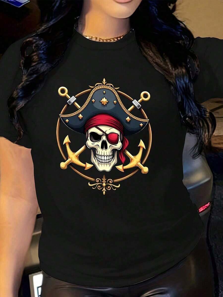 Women's Clothing Pirate Skull And Gold Anchor Print T-Shirt - 100% Casual, Relaxed Fit, Nautical Pirate Design With Tricorn Hat And Crossed Swords - Comfortable Casual Outfit For All Seasons, Ideal For Theme Parties And Everyday Wear, Weekend Style, Breathable Material, Soft Fabric, Printed T-Shirt, Women's Shirts - 黑色 - 查看 1