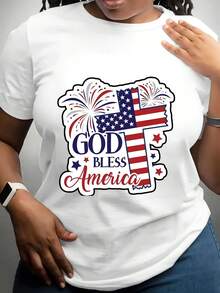 Women's Crew Neck T-Shirt For Independence Day, Featuring A Cross Design And The Phrase "God Bless America," Printed With The American Flag And Fireworks Elements, Reflecting Patriotic Sentiments. Suitable For April 4th Celebrations, National Day Parades, And Summer Events, It's The Perfect Choice For Festive Celebrations And Summer Gatherings. - 白色 - 查看 1