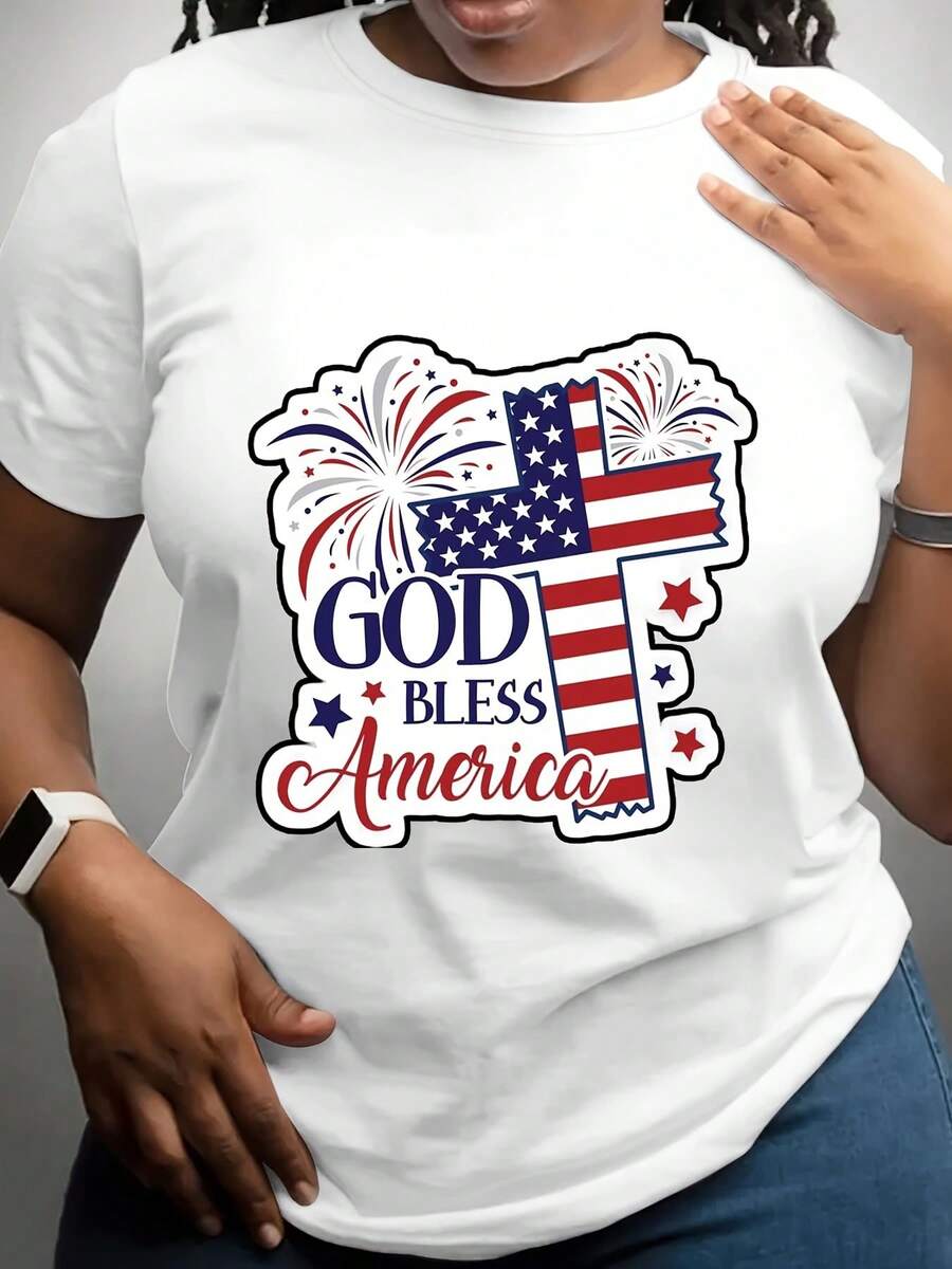 Women's Crew Neck T-Shirt For Independence Day, Featuring A Cross Design And The Phrase "God Bless America," Printed With The American Flag And Fireworks Elements, Reflecting Patriotic Sentiments. Suitable For April 4th Celebrations, National Day Parades, And Summer Events, It's The Perfect Choice For Festive Celebrations And Summer Gatherings. - 白色 - 查看 1