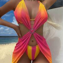 Nuevo traje de baño de tres piezas con falda de malla a rayas degradadas y diseño de corazón. - Bloqueo de color rosa - Ver 3
