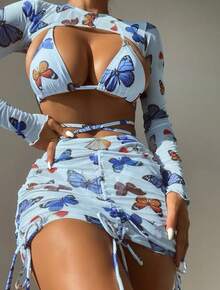 New Sexy Four-Piece Bikini With Butterfly Print And Adjustable Straps. - 藍色 - 查看 1