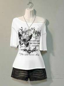 Camiseta negra holgada de manga corta con estampado de mariposa, flores y letras en inglés desgastado, de estilo vintage, punk y Y2K, versátil para fiestas y aeropuertos, cómoda y adecuada para otoño/invierno - Blanco - Ver 7