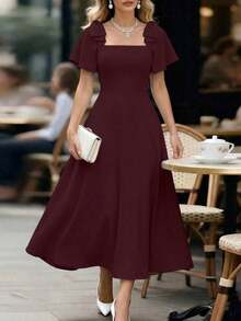 YHHEMERY ROSE Vestido azul de mujer con cuello cuadrado, lazo en la espalda y falda acampanada. Diseño elegante de alta calidad, adecuado como regalo de cumpleaños, para citas, fiestas, Día de San Valentín, Día del Trabajo, Día del Maestro, vuelta al colegio, viajes. Vestido de Moda Primavera/Verano YHH - Rojo violeta - Ver 1