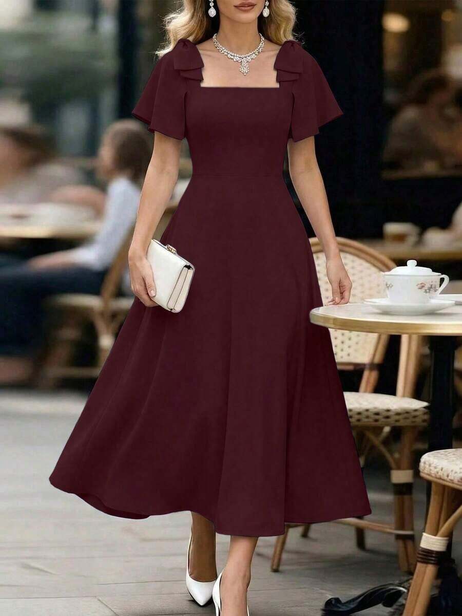 YHHEMERY ROSE Vestido azul de mujer con cuello cuadrado, lazo en la espalda y falda acampanada. Diseño elegante de alta calidad, adecuado como regalo de cumpleaños, para citas, fiestas, Día de San Valentín, Día del Trabajo, Día del Maestro, vuelta al colegio, viajes. Vestido de Moda Primavera/Verano YHH - Rojo violeta - Ver 1