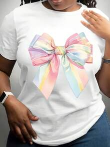 Ropa de talla para mujer, camiseta de manga corta con cuello redondo y lazoíris de colores suaves, diseño tipo camisa, con lazo colorido adecuado para mujeres, ligera, transpirable, cómoda y que se adapta a las curvas, perfecta para uso casual en primavera y verano, ropa de talla asequible - Camiseta de manga corta de algodón holgada con cuello redondo, estilo vintage urbano unisex. - Blanco - Ver 7