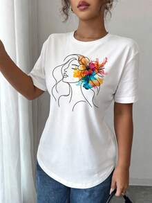 Camiseta de Mujer con Estampado de Retrato Floral - Blusa de Manga Corta y Cuello Redondo, Suave y Transpirable, Ideal para Verano y Primavera, Atuendo Casual o para Bodas (Lavable a Máquina) - [Blanco] - Ver 2