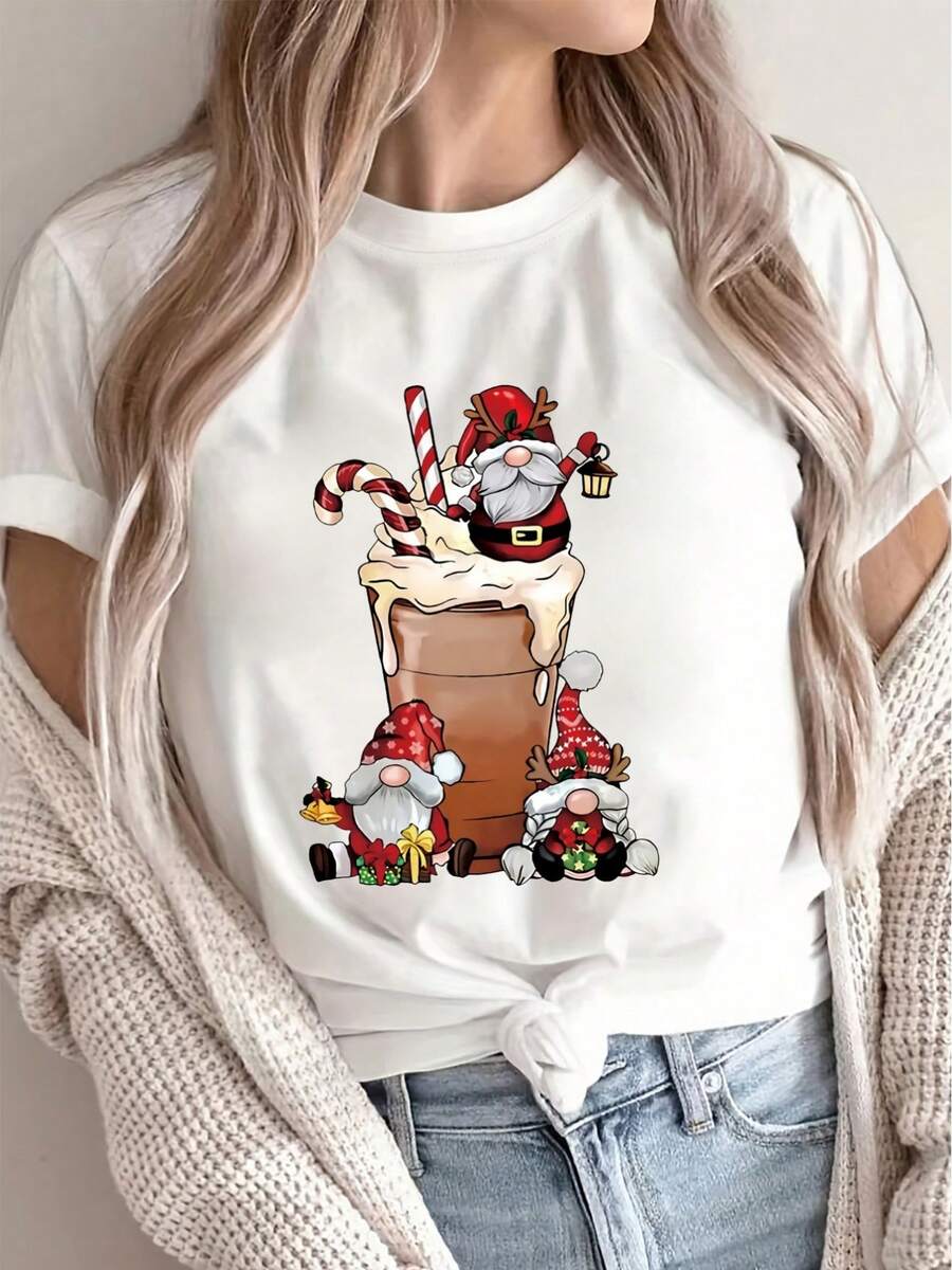 Camiseta de Manga Corta de Santa Claus para Mujer - Blusa de Cuello Redondo Ajustada con Estampado de Cara de Santa, Atuendo Casual para Fiestas Navideñas, Top en Línea H para Todas las Estaciones (Lavado a Mano) para Uso Anual y Vestimenta Festiva - [Blanco] - Ver 1