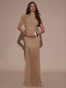 xhe X GALILEA   Vestido ajustado con pliegues elegantes, adecuado para cóctel, cita romántica, capas de otoño/invierno, fiesta, reunión formal, Halloween, Navidadxhe - Caqui - Ver 3