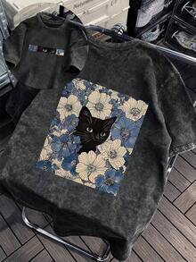 Camiseta de manga corta con estampado de gato interesante, top de diseño exclusivo y lindo, camiseta para mujer de talla grande, camiseta de algodón lavado, ropa casual de talla grande para mujer, tela con estampado de copos de nieve, top casual de cuello redondo cómodo de talla grande, camiseta vintage desgastada, ropa de mujer de talla grande, ropa de primavera/verano - Negro 6 - Ver 4