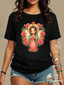 Camiseta de cuello redondo y mangas cortas de ropa fashion, fabricada en México, para la temporada primavera-verano 2025. Con estampado de dibujos animados, es un modelo de pareja, apta para usar tanto por dentro como por fuera, ideal para oficina y estilo casual, diseñada para hombres y mujeres, en unidad individual. - Negro - Ver 6