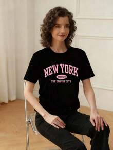 Women's Blouses, 1 Piece. Women's T-Shirt With Round Neck And Short Sleeves, Y2K Style With Graphic Print, Suitable For Summer, Beach, Street, Daily Wear, Work, Office Party, Going Out, Festival, Valentine's Day, Casual Party In Black. - 黑色 - 查看 3