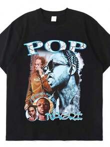 Vintage Hip Hop Pop Smoke Graphic T-Shirt - Unisex Urban Style T-Shirt With Bold "POP" Lettering And Portrait Design, Casual Black Summer T-Shirt For Men And Women, Regular Fit Crew Neck, Hip Hop T-Shirt, Urban Fashion, Urban Style, Durable Fabric, Street Style, Retro Design, High Quality Print, For Fashion Enthusiasts - 黑色 - 查看 6