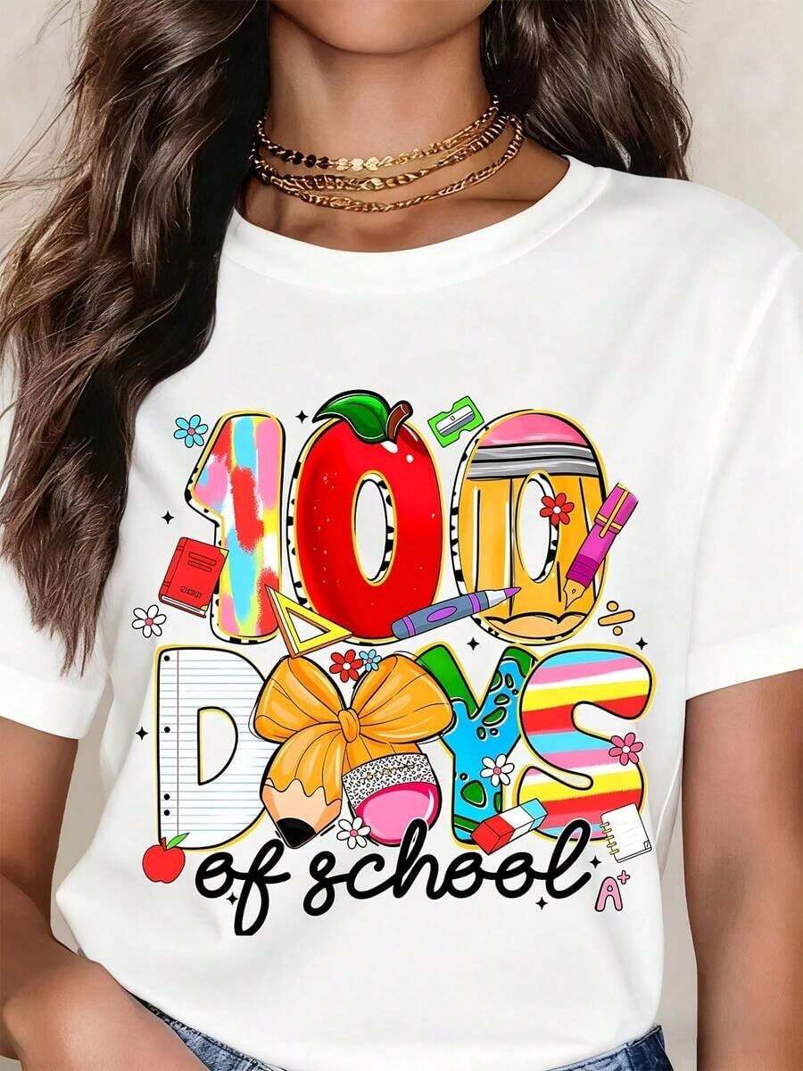 Camiseta Vintage para Mujer con Diseño Gráfico de 100 Días de Escuela, Lápiz Apple, Cuaderno, Crayón, Temática de Material Escolar, Estampado Divertido y Educativo para Maestros y Estudiantes, para Eventos de Celebración. - Blanco - Ver 1