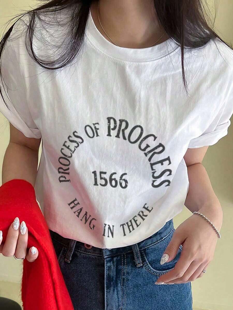 Camiseta de manga corta para mujer con letras estampadas para uso diario casual en primavera y verano - Estilo vintage urbano, unisex, holgada, de algodón, con cuello redondo y manga corta. Blusas para mujer. blusas.blusas casuales para dama. - Blanco - Ver 1