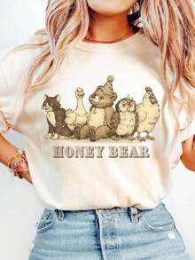 Camiseta Personalizada de Osito, Camiseta de Cachorro de Oso de Dibujos Animados, Camiseta Gráfica Vintage de Amigos Animales del Bosque, Camisetas Gráficas Unisex, Camiseta Divertida - Blanco - Ver 1