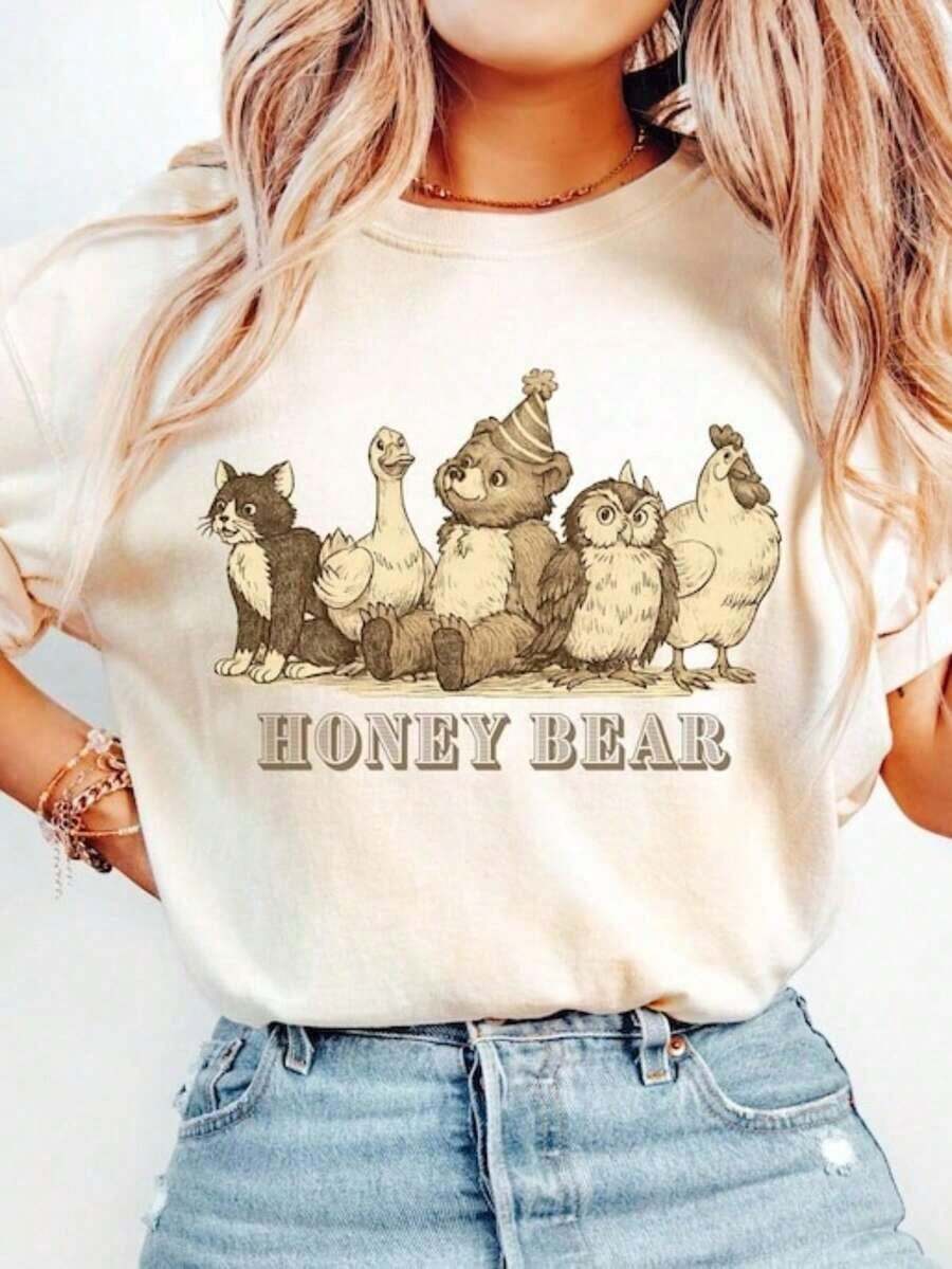 Camiseta Personalizada de Osito, Camiseta de Cachorro de Oso de Dibujos Animados, Camiseta Gráfica Vintage de Amigos Animales del Bosque, Camisetas Gráficas Unisex, Camiseta Divertida - Blanco - Ver 1