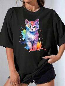 Camiseta Negra y Blanca para Niña, Camiseta Oversize con Estampado de Gato Colorido en Acuarela para Uso Casual, Fiesta al Aire Libre, Camiseta Estampada Casual 180g - Negro - Ver 7