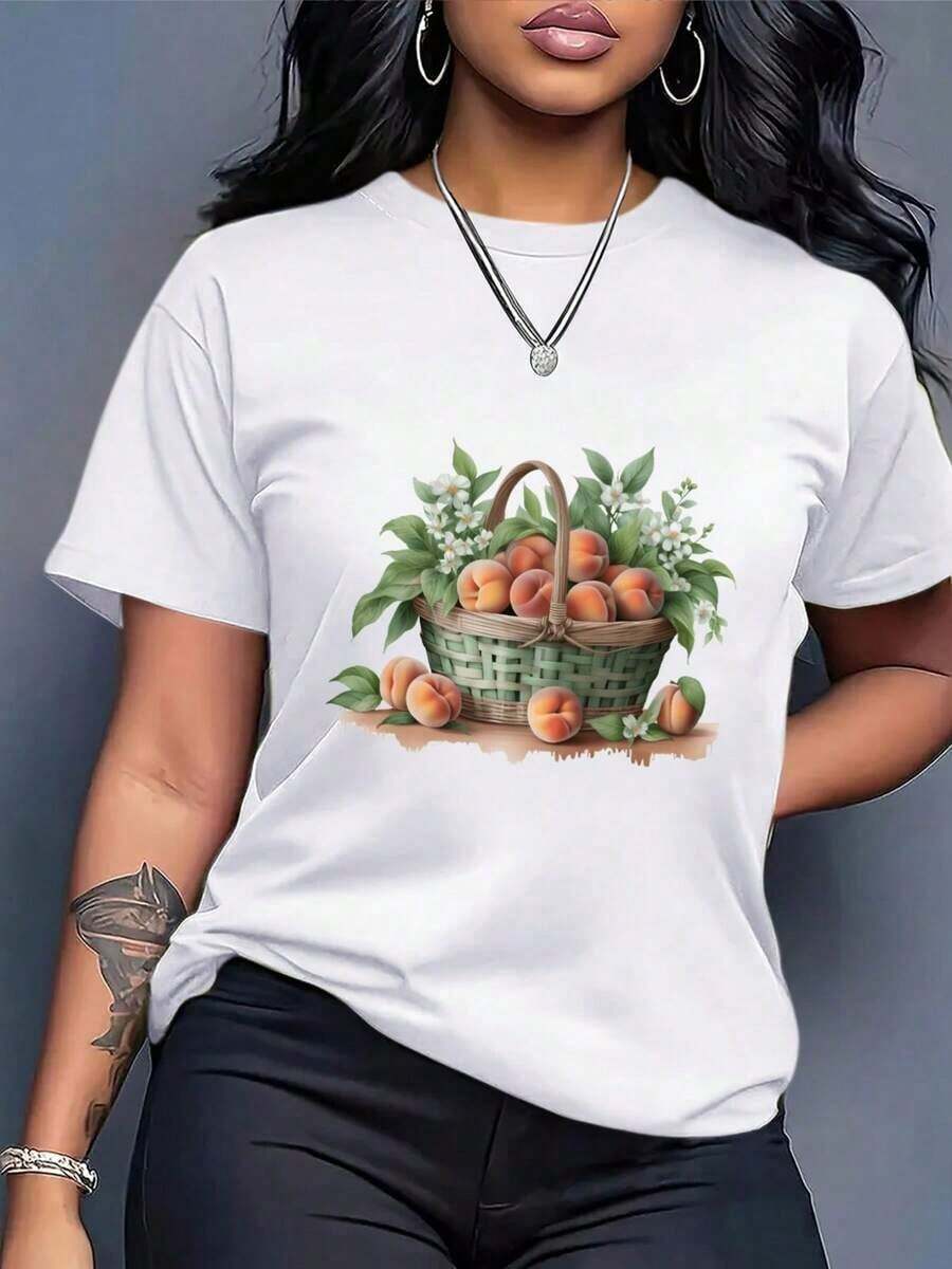 Camiseta Casual de Talla Grande, Camiseta Oversize para Mujer - Suave, Transpirable, de Corte Holgado, Top Casual y Formal con Estampado de Cesta de Frutas de Melocotón, Cuello Redondo, Manga Corta, Camiseta de Verano para Uso Diario, Estilo Europeo-Americano, Camiseta Blanca para Mujer, Lavable, Cómoda para Todas las Temporadas, Estampado Geométrico, Atuendo Relajado para Damas, Diseño de Cesta de Frutas, Versátil para Todas las Ocasiones, Material Cómodo, Camiseta Ligera, 100% Algodón, Duradera. - Blanco - Ver 1