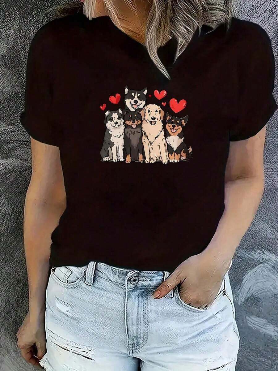 LooseCamiseta San Valentín cachorro mujer, moderno cuello redondo, manga corta casual, estampado adorableBasic Crew Neck Cotton T-shirt for Women - Negro - Ver 1
