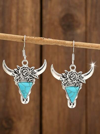 1 Pair Western Style Turquoise Inlaid Bull Head Earrings, Carved Turquoise Bull Head Earrings For Women