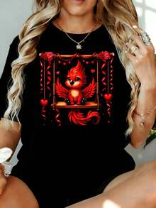 Camiseta con Gráfico de Lindo Fénix Rojo en Columpio con Corazones y Rosas para Mujer, Corte Holgado Casual, Regalo para el Día de San Valentín, 180g, para Uso en Casa, al Aire Libre o en Fiestas de San Valentín - Negro - Ver 7