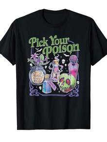 Camiseta negra para mujer, camiseta estampada, cuello redondo, manga corta, estampado floral de frasco de píldoras con calavera y la frase "Choose Your Drug", estilo vintage, para fiesta gótica de Halloween, uso diario, regalo de cumpleaños.camisas de mujer sudaderas para mujer sueter blusa casual mujer verano vestidos de graduación - Negro - Ver 1