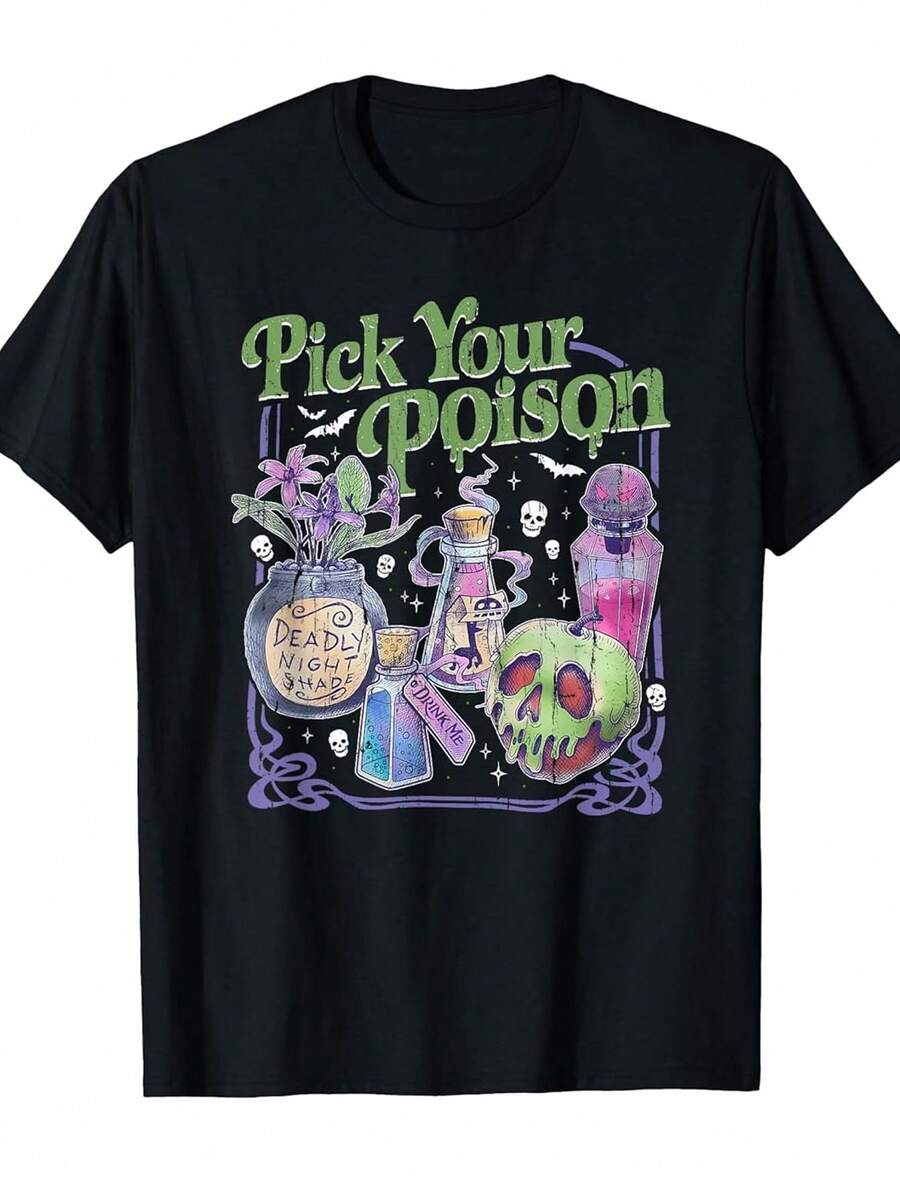 Camiseta negra para mujer, camiseta estampada, cuello redondo, manga corta, estampado floral de frasco de píldoras con calavera y la frase "Choose Your Drug", estilo vintage, para fiesta gótica de Halloween, uso diario, regalo de cumpleaños.camisas de mujer sudaderas para mujer sueter blusa casual mujer verano vestidos de graduación - Negro - Ver 1