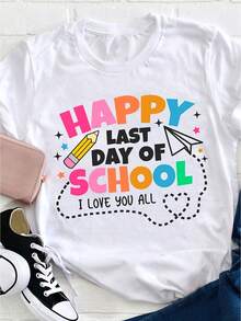 Camiseta casual de manga corta para mujer, con un diseño alegre para expresar gratitud, utilizando colores vivos e íconos. Esta camiseta holgada de cuello redondo es adecuada para usar en primavera, verano y otoño. - Blanco - Ver 1