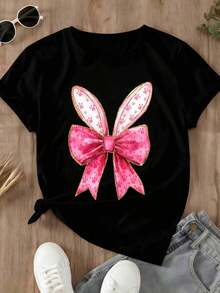 Camiseta de manga corta para mujer con temática de Pascua, lazo rosa y estampado de orejas de conejo, para uso diario informal. - Negro - Ver 2