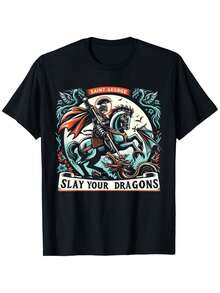 Camiseta de hombre "Cazador de Dragones de San Jorge" - Estampado vintage de caballero y dragón, corte holgado, cuello redondo, manga corta, adecuada para usar durante todo el año, ropa cómoda para el día a día, ideal para eventos temáticos y uso diario, camiseta casual para mujer, adecuada para el hogar, el trabajo y las fiestas. - Negro - Ver 5