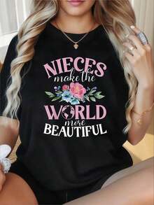 1 Piece Of Women's Short-Sleeved Crew Neck T-Shirt, Printed With NIES, Adding Beauty To The World, Suitable For Casual Outings, Christmas Gifts And Seasonal Parties, 180g 100% Cotton. - 黑色 - 查看 1