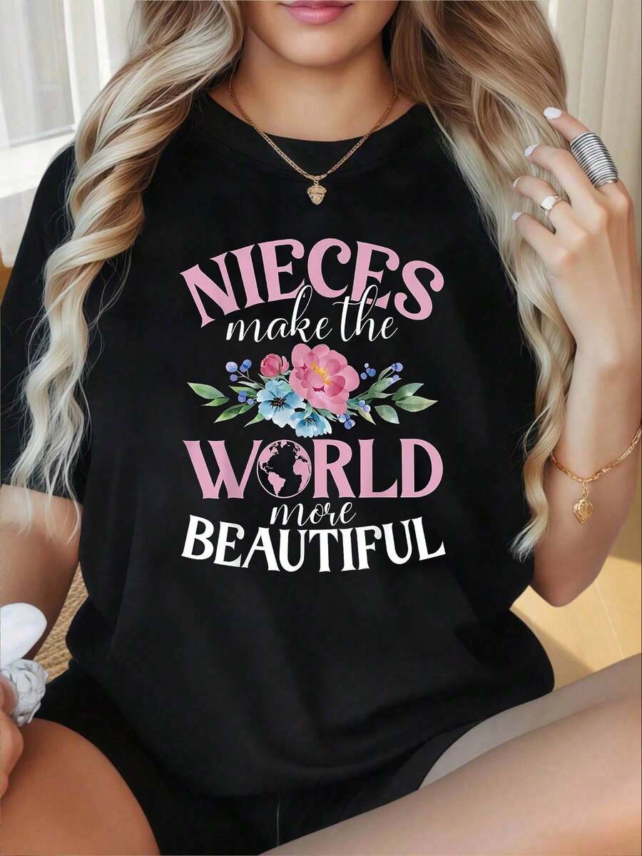 1 Piece Of Women's Short-Sleeved Crew Neck T-Shirt, Printed With NIES, Adding Beauty To The World, Suitable For Casual Outings, Christmas Gifts And Seasonal Parties, 180g 100% Cotton. - 黑色 - 查看 1
