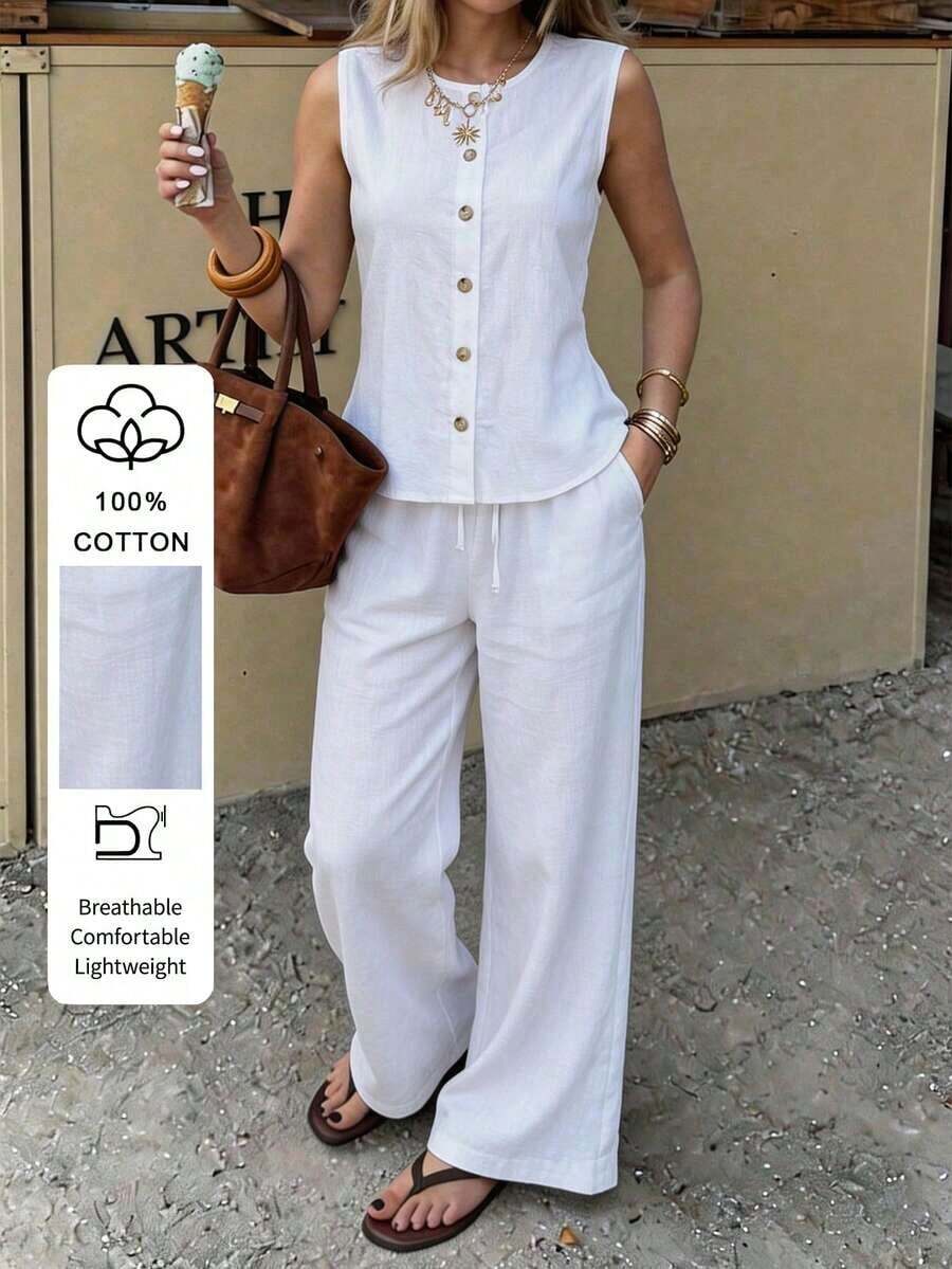 Conjunto de 2 piezas de 100% algodón para mujer de PoPoHouse, con top sin mangas con cuello y pantalones anchos de pierna ancha, adecuado para uso casual diario, oficina, transporte, vacaciones de verano en la playa, conjunto blanco - Blanco - Ver 1