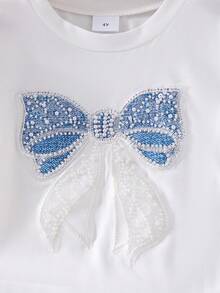 2pcs/Set Young Girl' Casual Rhinestone Bow T-Shirt And Denim Long Pants Set, Summer - White - View 4