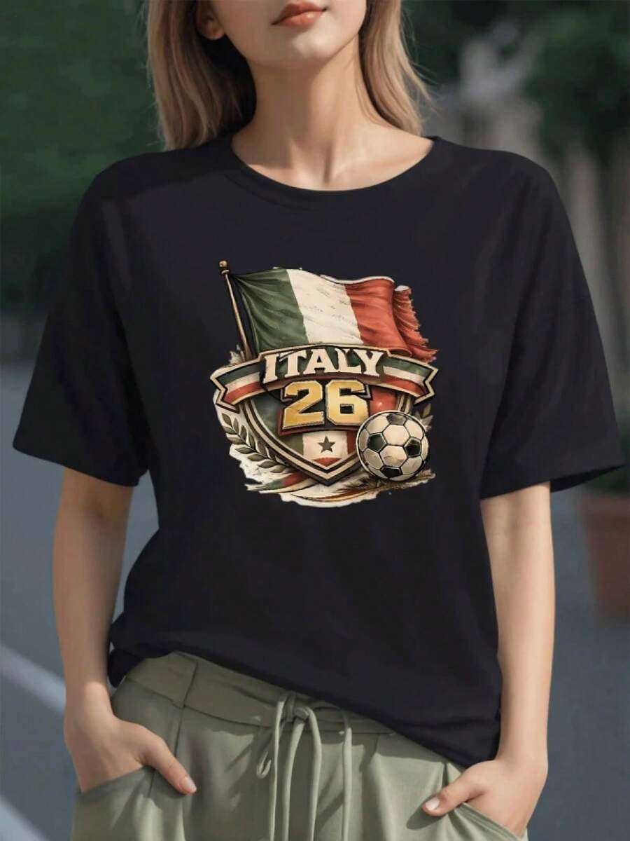 Bandera tricolor italiana con balón y número 26 que simboliza pasión futbolera y orgullo deportivo camiseta para mujer 100% algodón - Negro - Ver 1