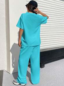 Conjunto informal de camiseta holgada y pantalones con textura mostaza para mujer - Azul - Ver 2