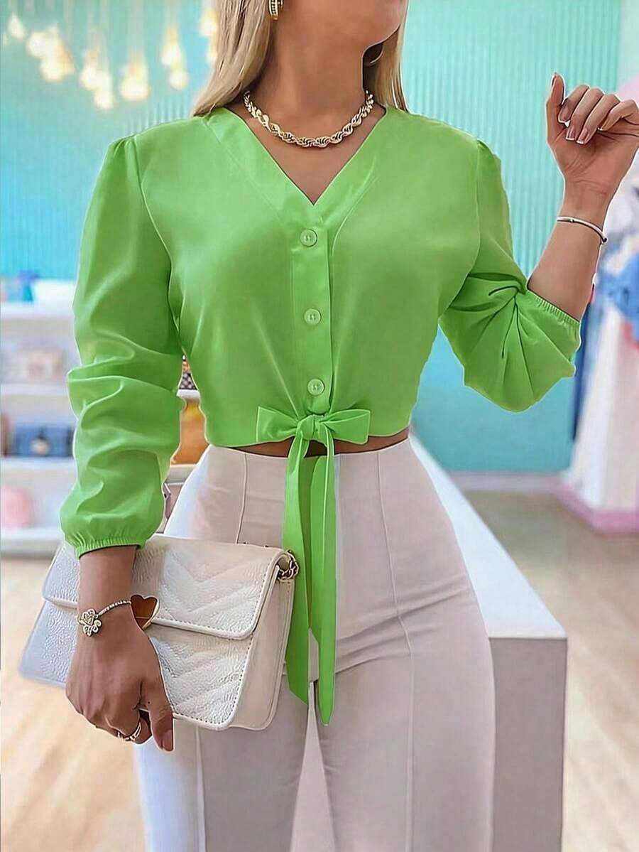 Blusa elegante y versátil con nudo delantero de unicolor, para uso casual diario, en el hogar, para ir al trabajo y en citas, primavera - Verde - Ver 1