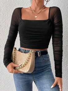 Top crop de cuello cuadrado fruncido de malla - Negro - Ver 3