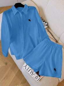 Conjunto de camisa de manga larga a rayas de un solo pecho y pantalones cortos versátiles de estilo vintage casual - Azul - Ver 6