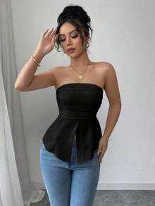 Blusa casual y sexy con diseño sin espalda y textura tejida para mujer, /verano - Negro - Ver 7