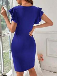 Vestido de manga corta acampanada y de corte ajustado en unicolor de moda para mujeres - azul real - Ver 2