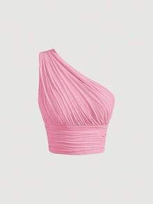 Top crop de un hombro fruncido - Rosa - Ver 1