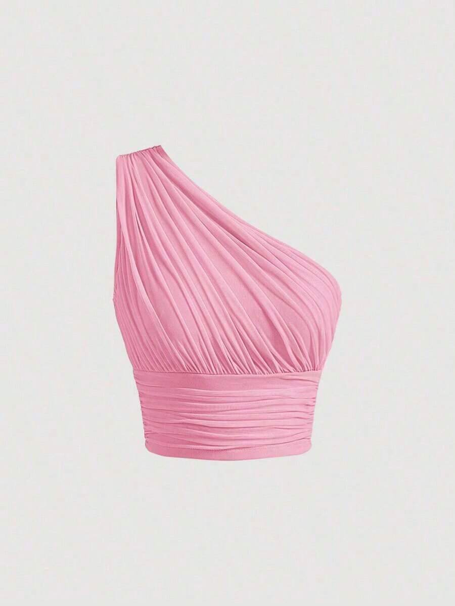 Top crop de un hombro fruncido - Rosa - Ver 1