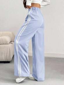 Pantalones informales de mujer con pierna suelta y efecto de contraste de color, para primavera/verano - Celeste - Ver 2