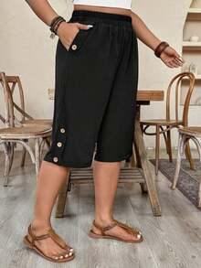Pantalones cortos casuales y versátiles de talla grande para mujer, de unicolor, con cintura elástica y bolsillos - Negro - Ver 3
