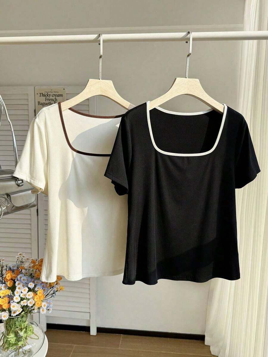 Set de 2 camisetas casuales de mujer con cuello cuadrado y manga corta, ajustadas y sexys, adecuadas para el verano - Multicolor 4 - Ver 1