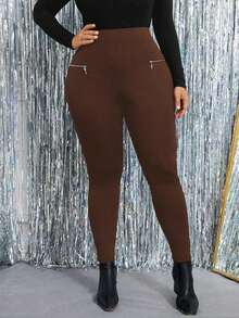 Pantalones pitillo elásticos de unicolor con cremallera decorativa, para uso casual diario en talla grande - Marrón - Ver 4