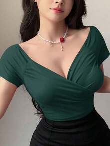 Camiseta de mujer de manga raglán con cuello de corazón de unicolor para salir - Verde - Ver 6